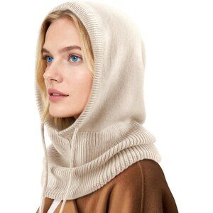 Women's Scarf Hat Balaclava Beanie Skull Cap with Drawstring Warm Hat Camel